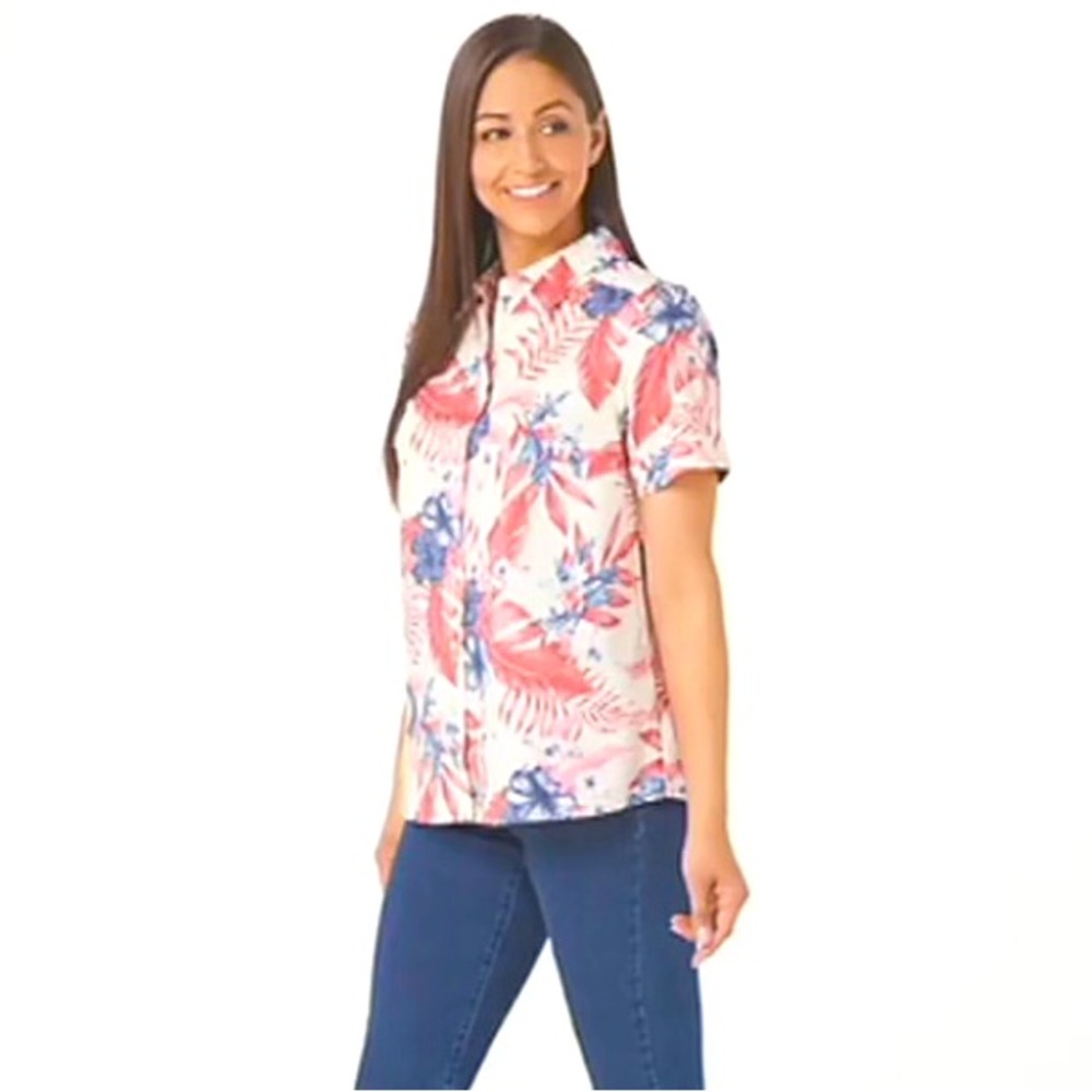 NWT QVC Denim & Co Printed Stretch Poplin Short-Sleeve Camp Shirt, Coral, Size L
